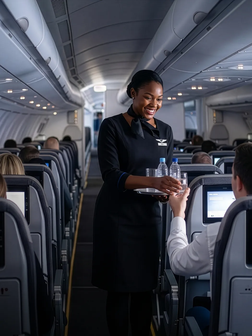 A flight attendant handing out bottles of water