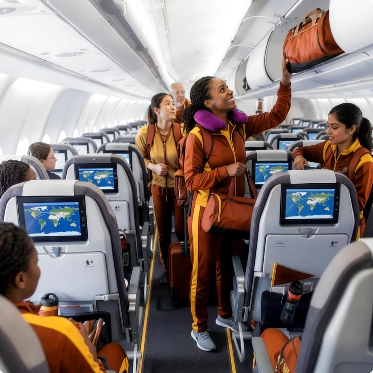 Passengers putting away luggage after boarding airplane