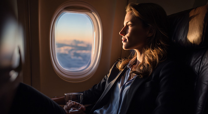 A person in a window seat on a plane.