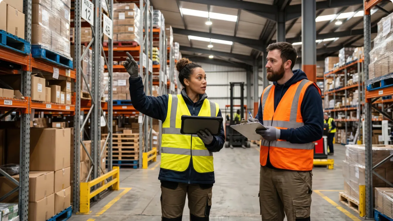 Two workers in a warehouse